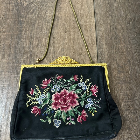 Handbags - Vintage Petit Point Floral Evening Bag | Black Satin Gold Ornate Frame